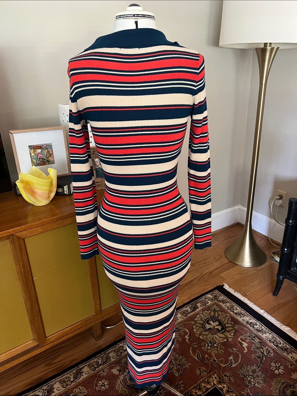 Nasty Gal Striped Zip-Up V-Neck Ribbed Maxi Dress in Red, Navy & Cream - Picture 4 of 7
